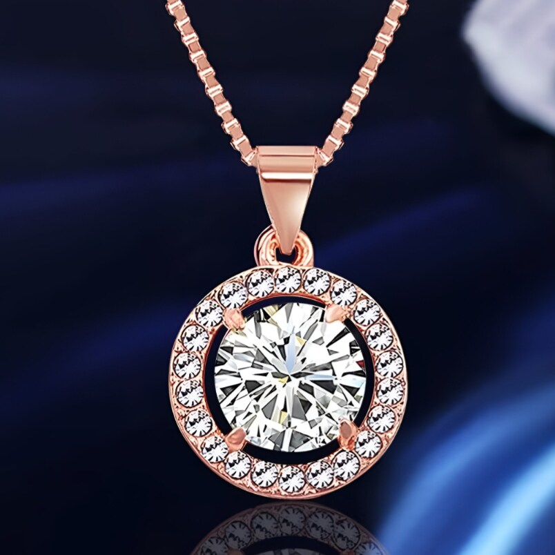 Huitich rose gold crystal jewelry set featuring a round pendant with clear crystals on a delicate chain