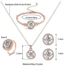 Rose-gold crystal jewelry set: pendant necklace, bracelet, ring, and stud earrings with size details