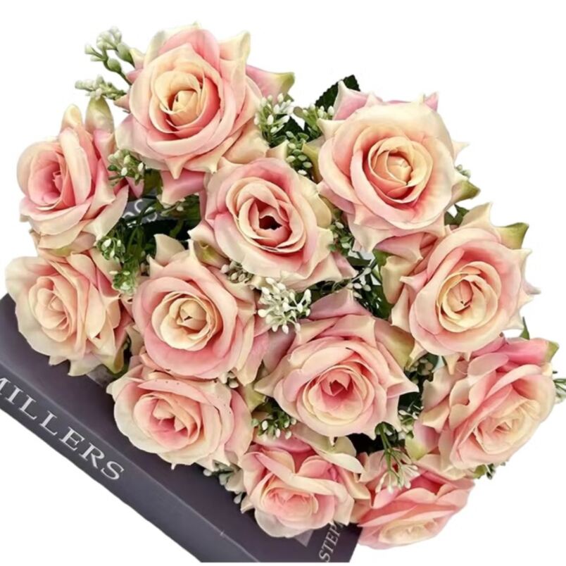 Huitich artificial pink and cream roses bouquet fake flowers for home decoration with greenery