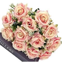 Huitich artificial pink and cream roses bouquet fake flowers for home decoration with greenery