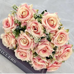 Huitich artificial pink roses bouquet with green leaves and white accents fake flowers for home decoration