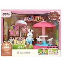 Kids rotating rabbit dining table toy with bunny figure, pink table umbrella, small accessories