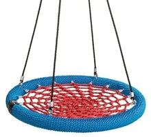 Blue round swing seat with red rope net and hanging metal chains
