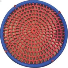 Round outdoor swing seat with blue ring and red braided netting