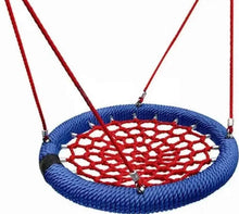 Round swing seat with blue rim, red net, and red suspension ropes