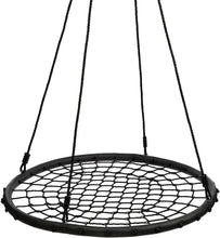 Round rope swing seat with black ring and woven net surface