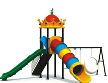 Outdoor playground set with multicolor tube slide and swing frame with hanging seats