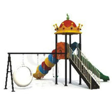 Outdoor playground set with tube slide, ladder platform, and hanging disc swing