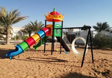 Outdoor playground set with multicolor tube slide and ring swing on black frame