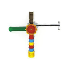 Outdoor playground set component with green slide arm, red wheel panel, and ladder