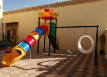 Outdoor playground set with multicolor tube slide and round hanging ring swing