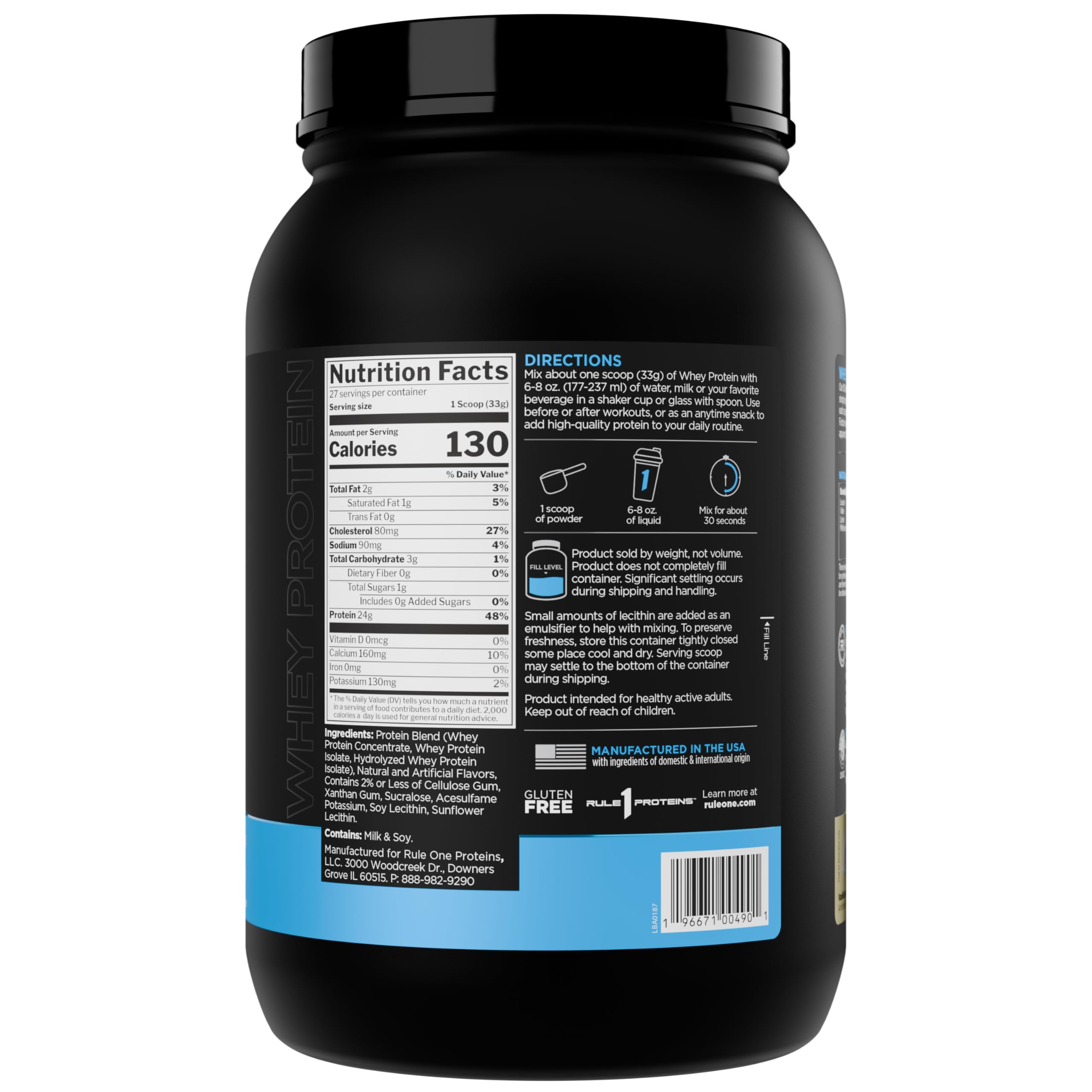 Back of Rule 1 black protein tub showing nutrition facts directions and label Rule1 1 Whey Blend 24g protein