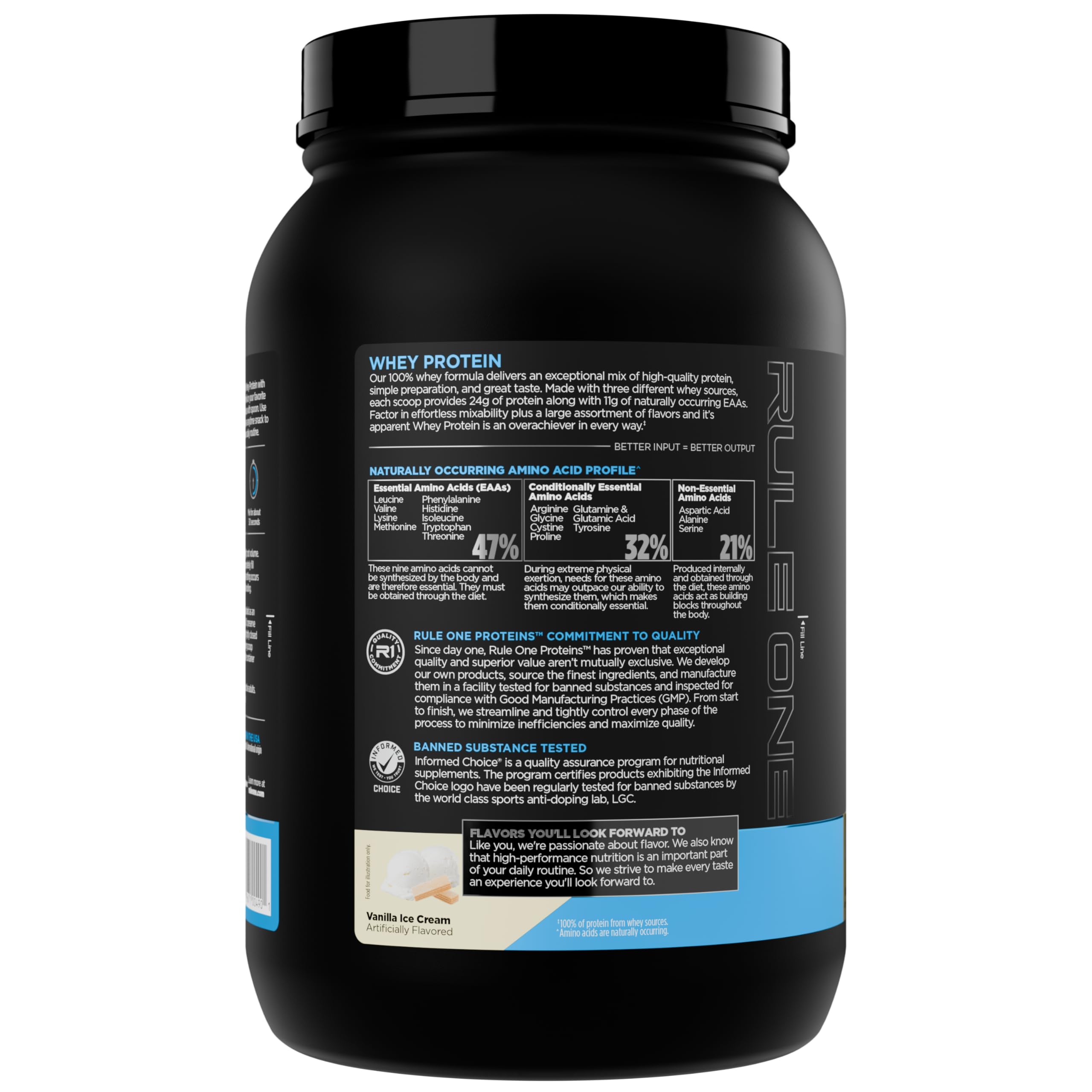 Rule1 1 Whey Blend 24g protein black tub showing back nutrition label and blue accent for whey protein powder