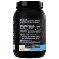 Rule1 1 Whey Blend 24g protein black tub showing back nutrition label and blue accent for whey protein powder