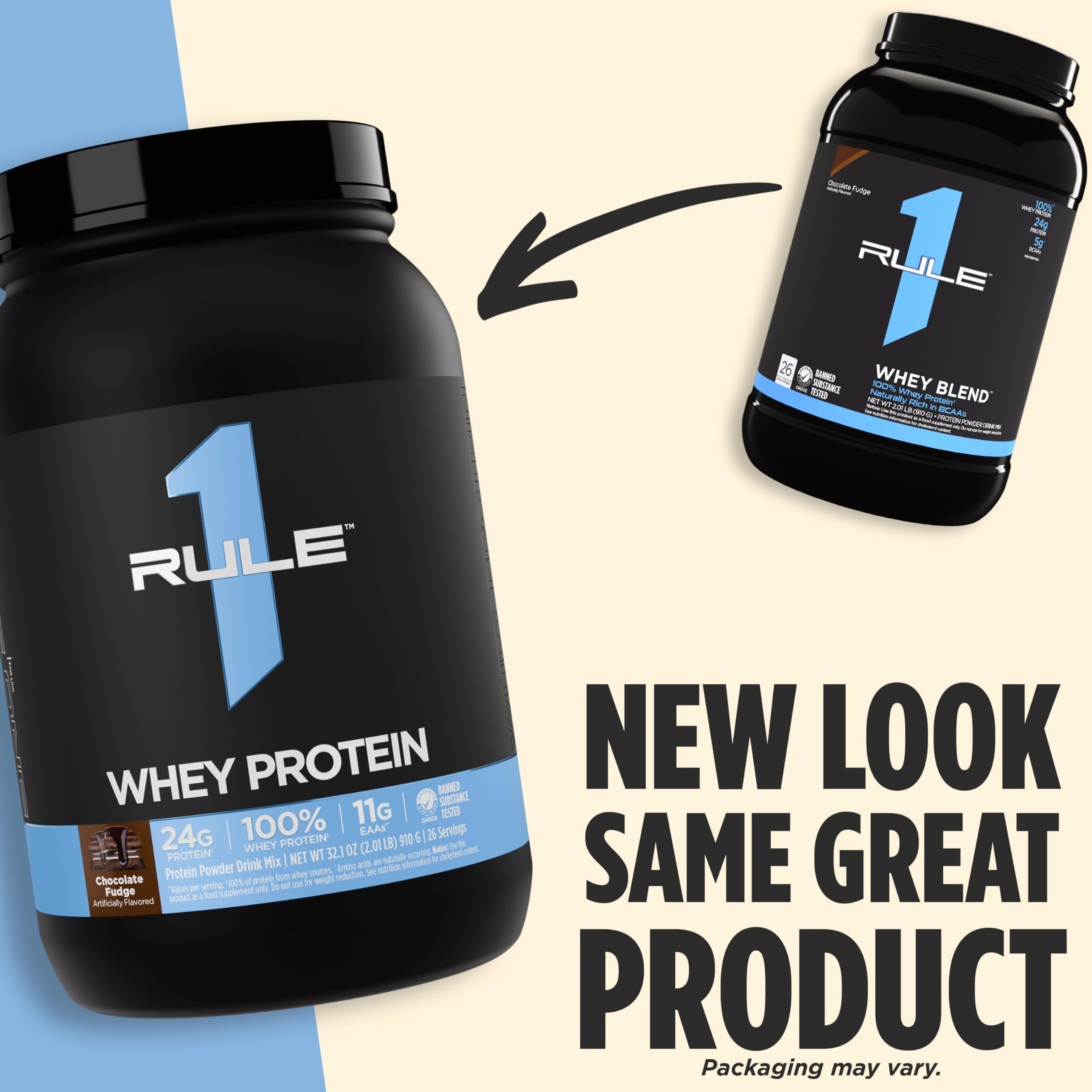 Rule1 1 Whey Blend 24g protein. Black Rule 1 whey protein tub with new look packaging label