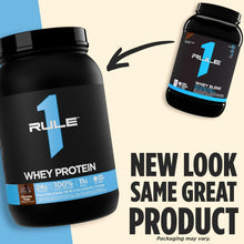 Two whey protein powder tubs with black lids and blue label, shown side by side.