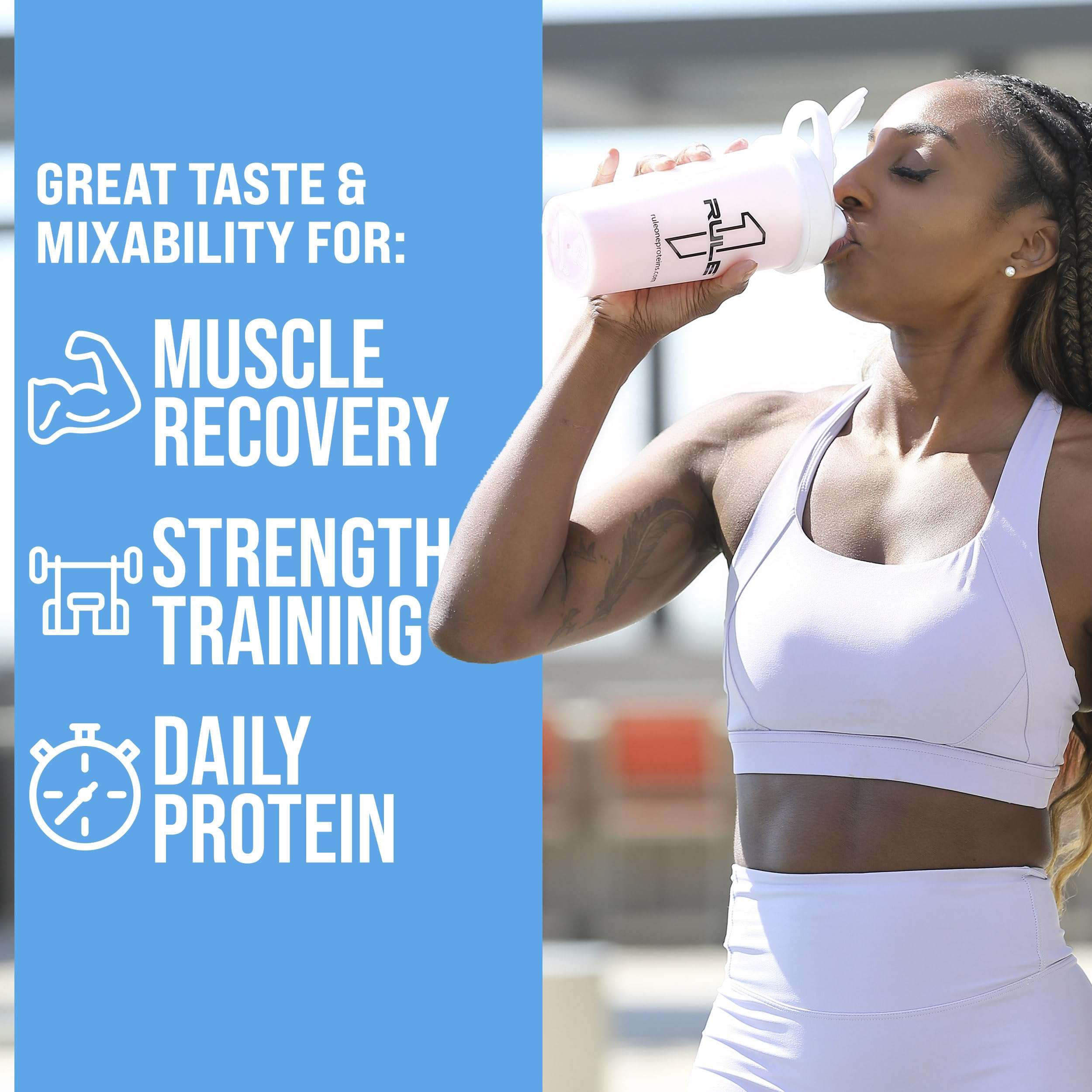 Fit woman drinking from Rule 1 shaker with benefits listed for muscle recovery and training Rule1 1 Whey Blend 24g protein