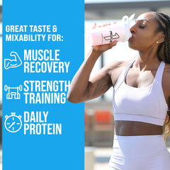 Fit woman drinking from Rule 1 shaker with benefits listed for muscle recovery and training Rule1 1 Whey Blend 24g protein