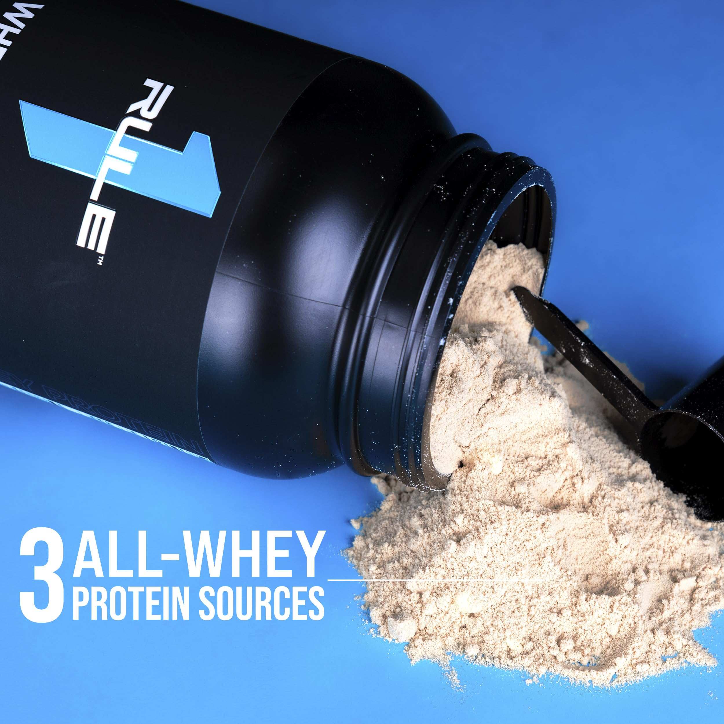 Rule1 1 Whey Blend 24g protein powder spilled from black Rule 1 tub with scoop on blue background