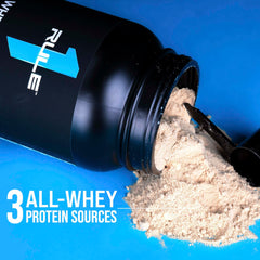 Rule1 1 Whey Blend 24g protein powder spilled from black Rule 1 tub with scoop on blue background