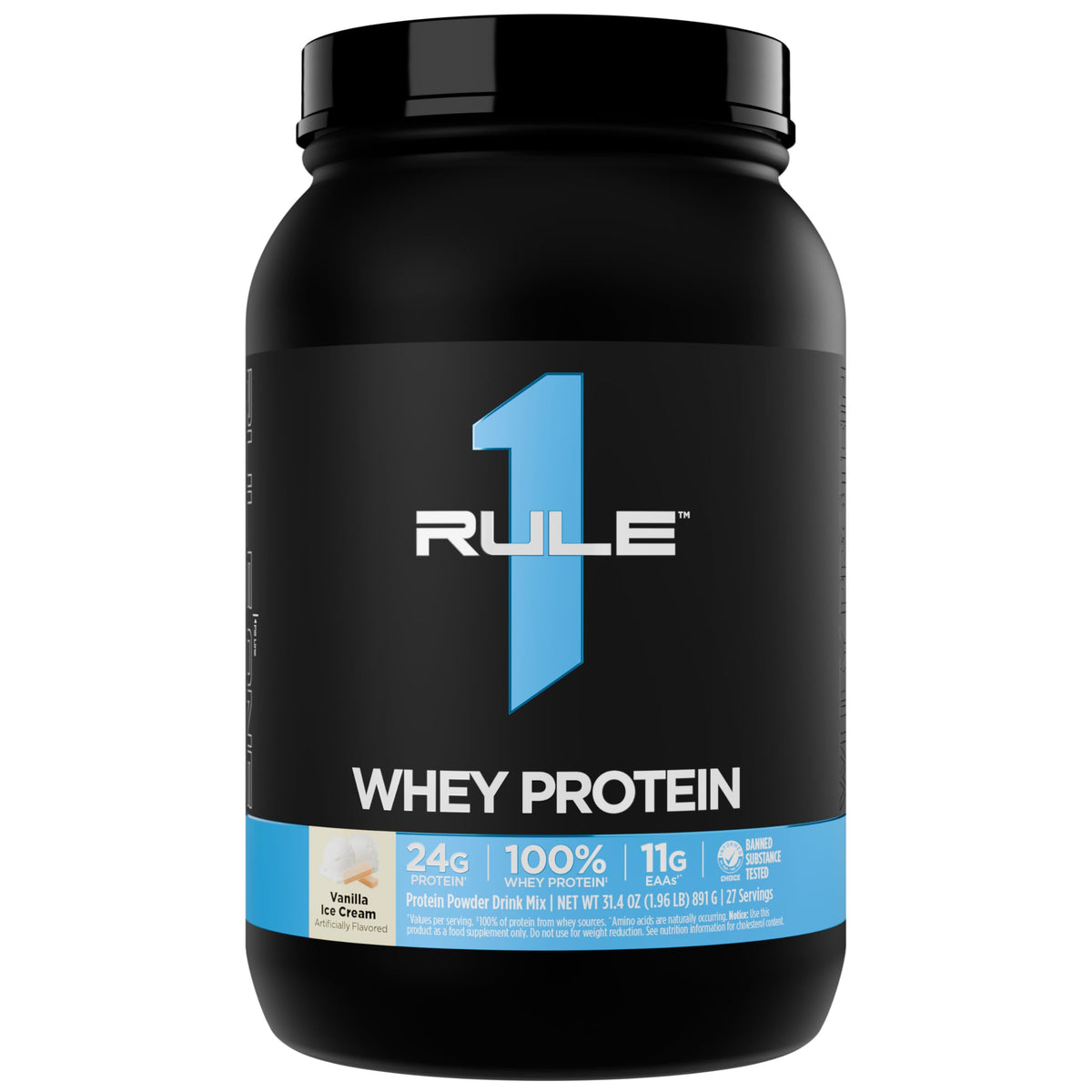 Rule1 1 Whey Blend 24g protein black tub vanilla ice cream flavor whey protein powder container