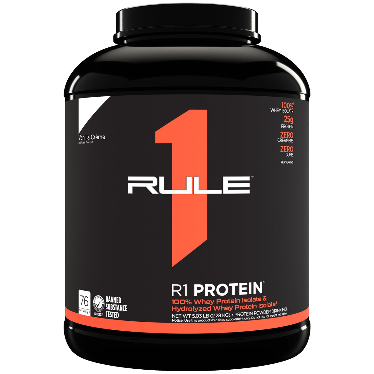 Rule One protein vanilla creme 5.3lb. black tub of Rule1 R1 protein powder featuring orange number 1 logo