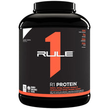 Vanilla Crème protein powder tub, black lid and front label