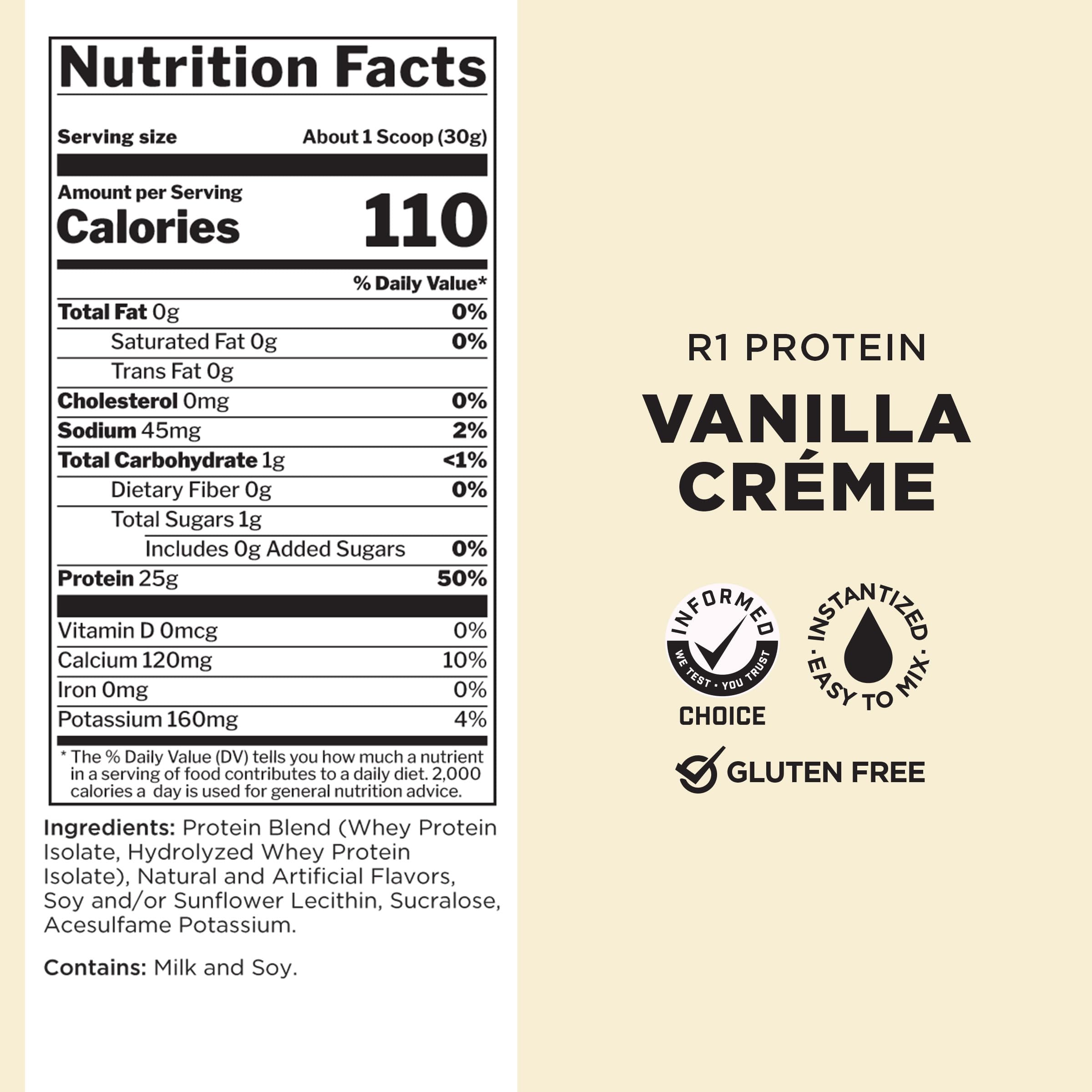 Front label and nutrition facts of Rule One protein vanilla creme 5.3lb. tub showing 110 calories 25g protein per scoop