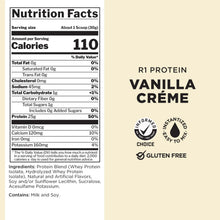 Nutrition Facts label for Vanilla Crème protein powder, text panel close-up