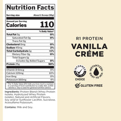 Front label and nutrition facts of Rule One protein vanilla creme 5.3lb. tub showing 110 calories 25g protein per scoop