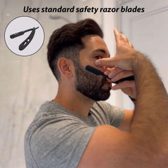 Man shaving beard in bathroom using professional cut throat razor kit with safety razor blades inset