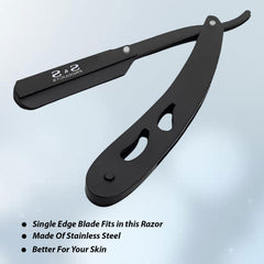 Black stainless steel straight razor with S S PRODUCTS logo for professional cut throat razor kit use