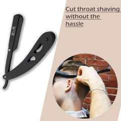 Black straight razor and barber at work showcasing professional cut throat razor kit for precise shaves