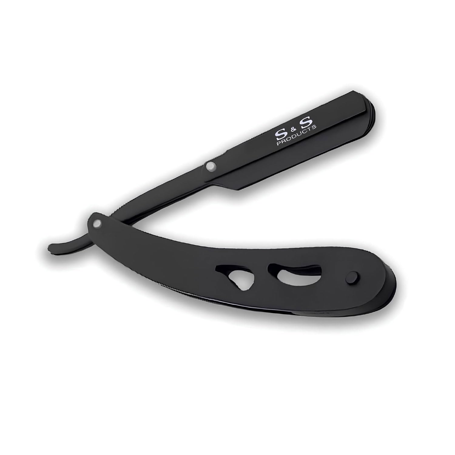Black folding straight razor with S S PRODUCTS logo for precise shaving and grooming professional cut throat razor kit