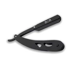Black folding straight razor with S S PRODUCTS logo for precise shaving and grooming professional cut throat razor kit