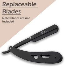 Matte black straight razor, blade edge and handle details shown