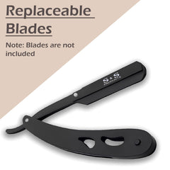 Black folding straight razor with S and S PRODUCTS logo and replaceable blades professional cut throat razor kit