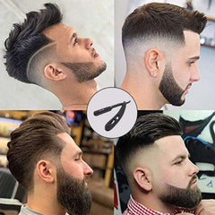 professional cut throat razor kit used for precise beard shaping and fades shown with four mens haircut styles