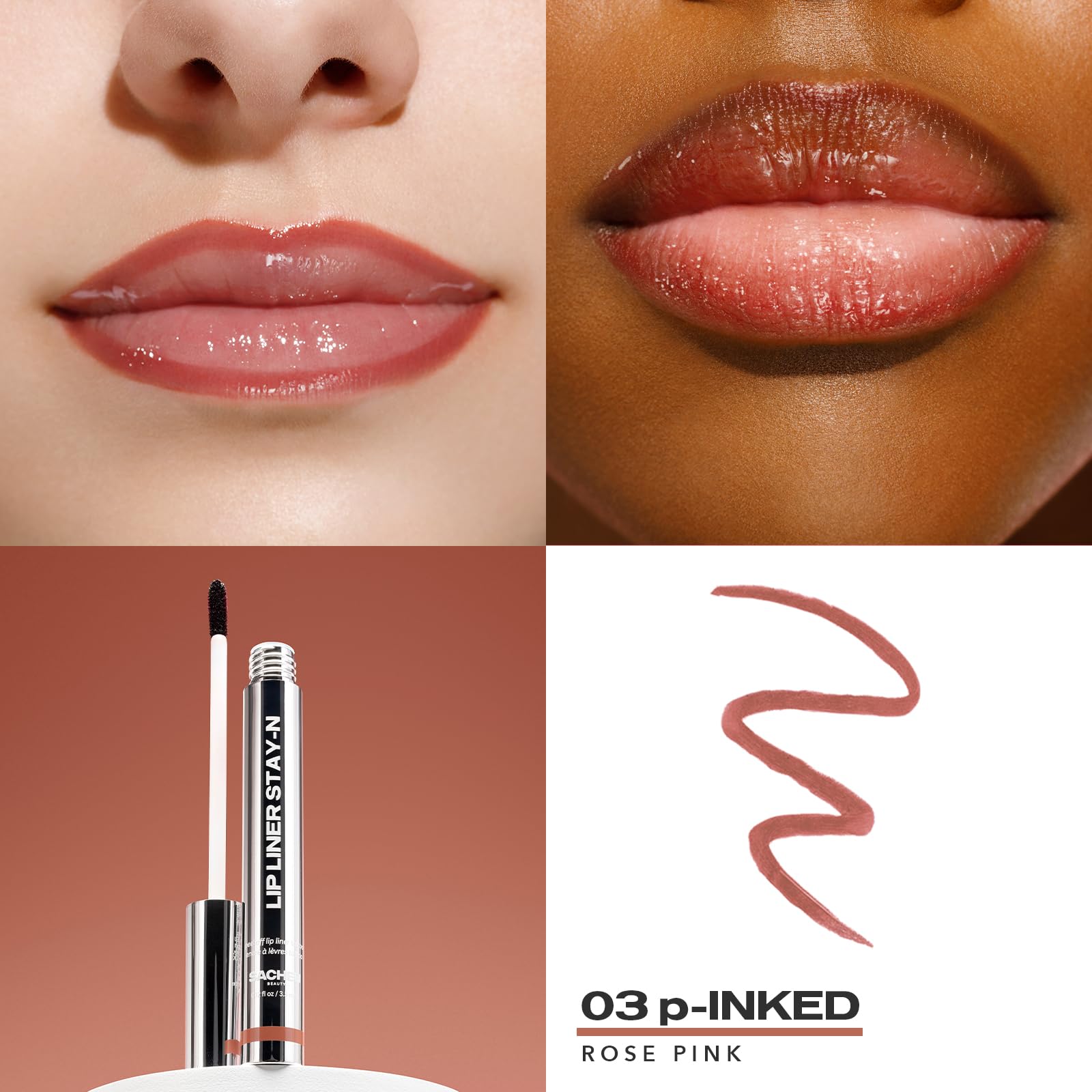Sacheu long lasting peel off lip liner in rose pink shown on diverse lips and product packaging