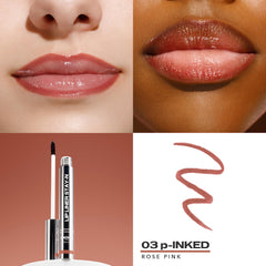 Sacheu long lasting peel off lip liner in rose pink shown on diverse lips and product packaging