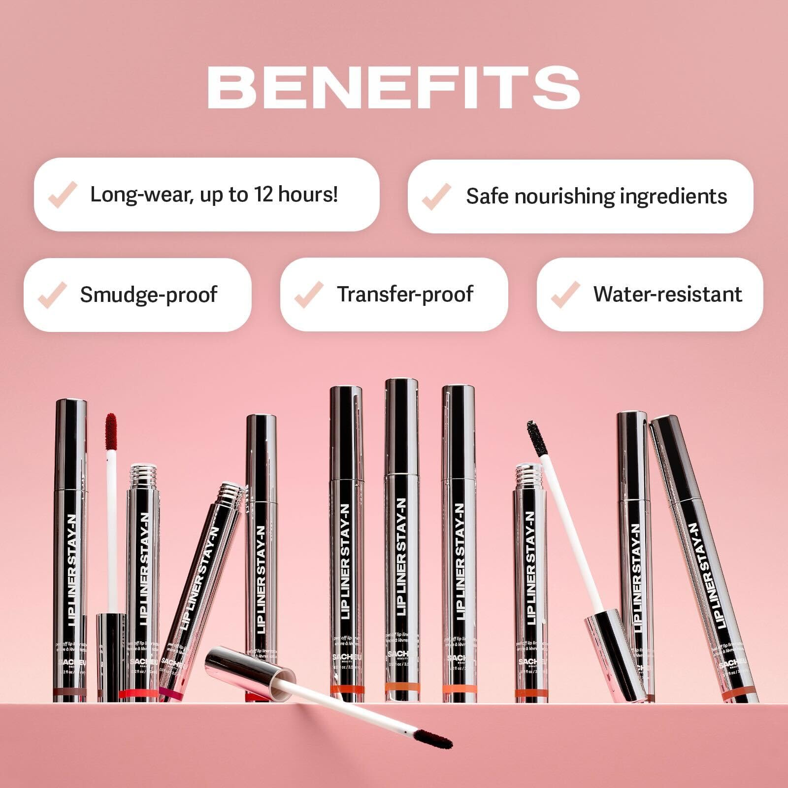 Sacheu long lasting peel off lip liner collection showing various shades with benefits like smudge-proof and water-resistant