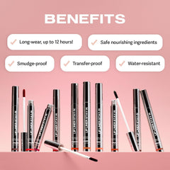 Sacheu long lasting peel off lip liner collection showing various shades with benefits like smudge-proof and water-resistant