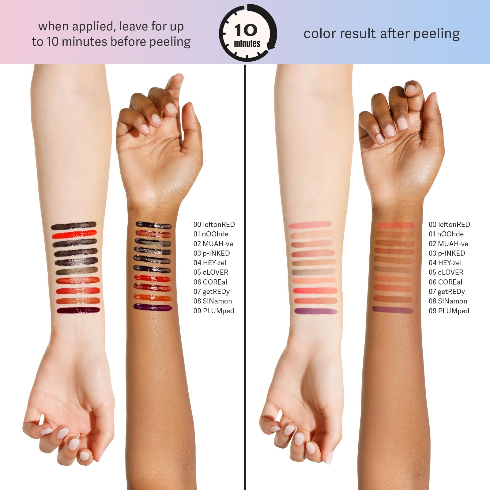 Sacheu long lasting peel off lip liner swatches on light and dark skin showing color before and after peeling
