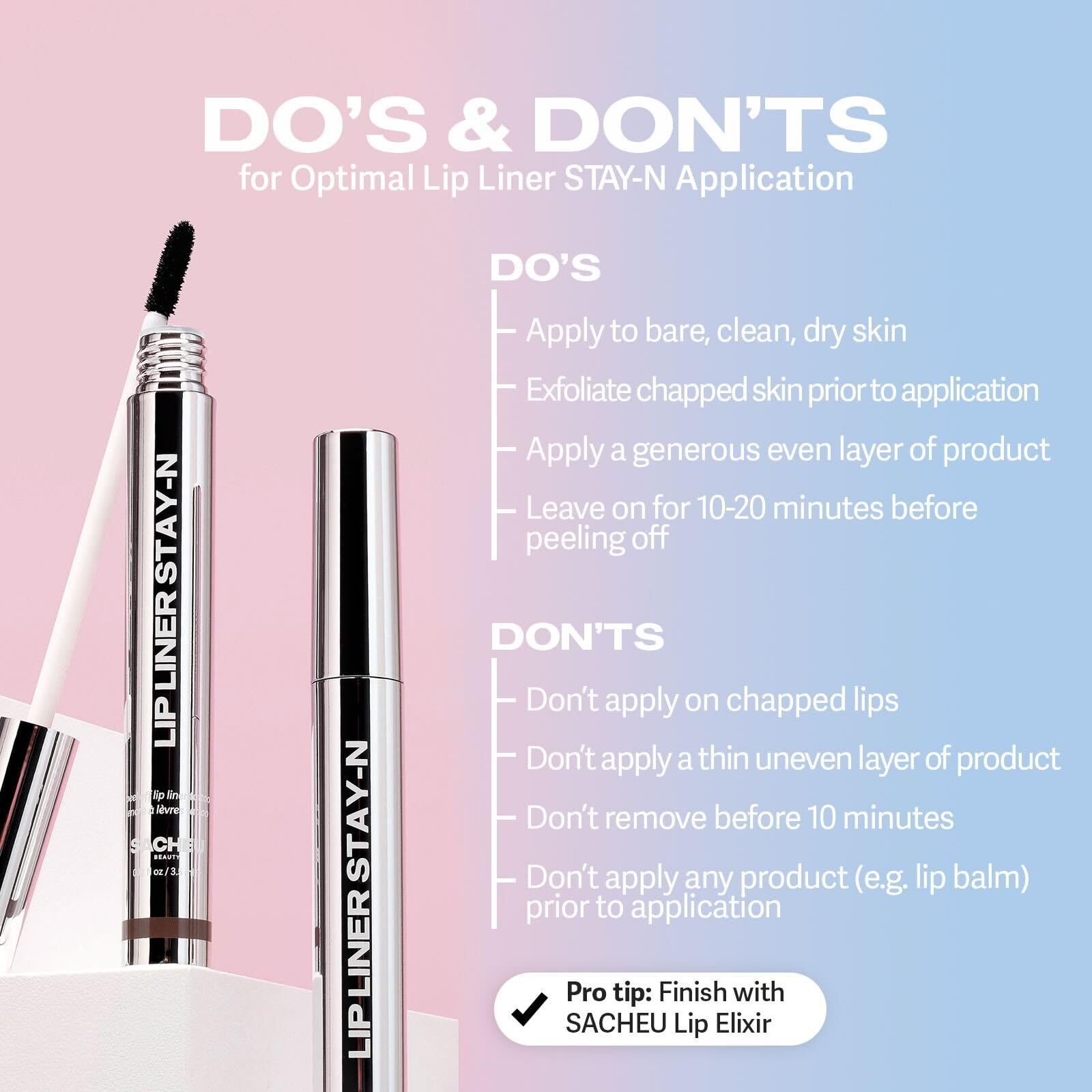 Sacheu long lasting peel off lip liner STAY-N with application tips on pink and blue background