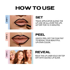 Step-by-step instructions showing how to use Sacheu long lasting peel off lip liner with application, peeling, and reveal steps