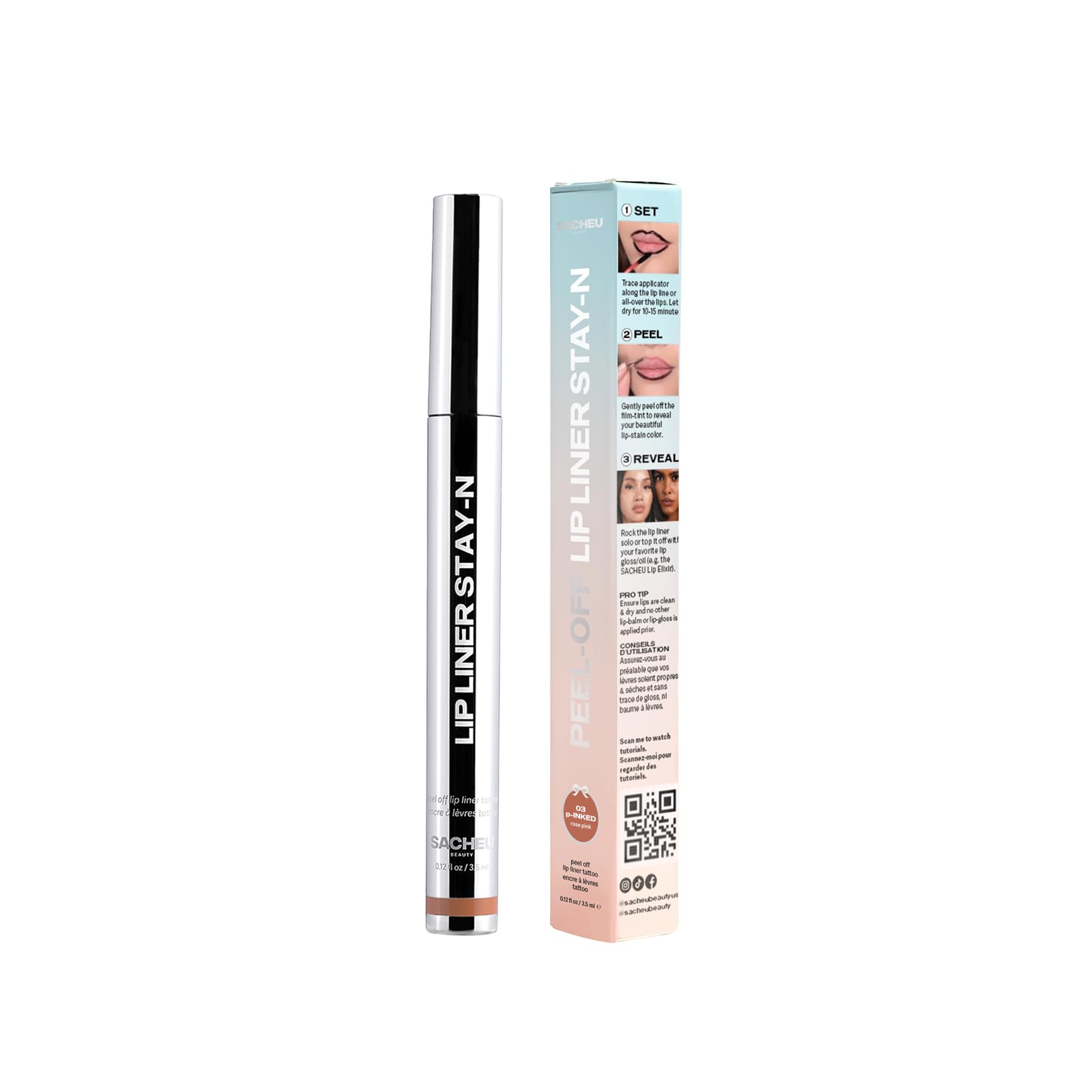 Sacheu long lasting peel off lip liner with sleek silver and black packaging next to product box