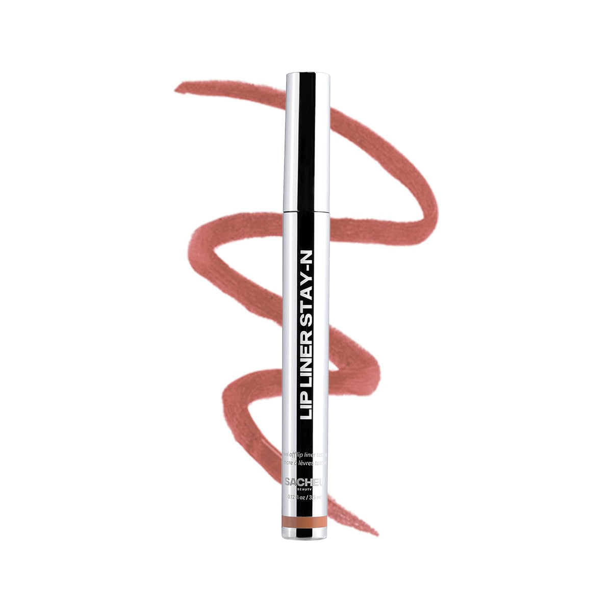 Sacheu long lasting peel off lip liner in sleek black and silver tube with brown lip liner swatch