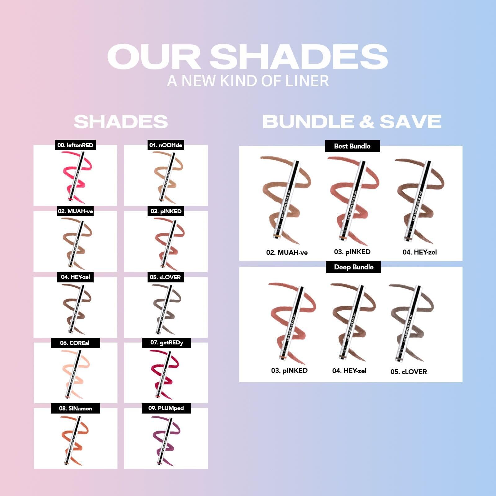 Sacheu long lasting peel off lip liner shades and bundle options displayed on pink and blue background