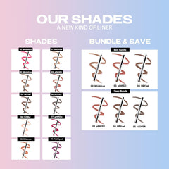 Sacheu long lasting peel off lip liner shades and bundle options displayed on pink and blue background