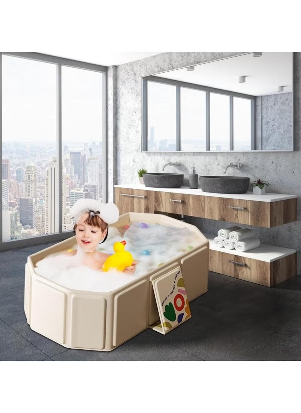 Huitich safe baby bathtub for 0-5 years with foam and yellow rubber duck in modern bathroom